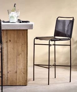 Nkuku Nirmi Leather Sling Back Bar Chair - Charcoal