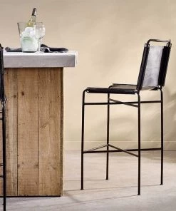 Nkuku Nirmi Leather Sling Back Bar Chair - Charcoal